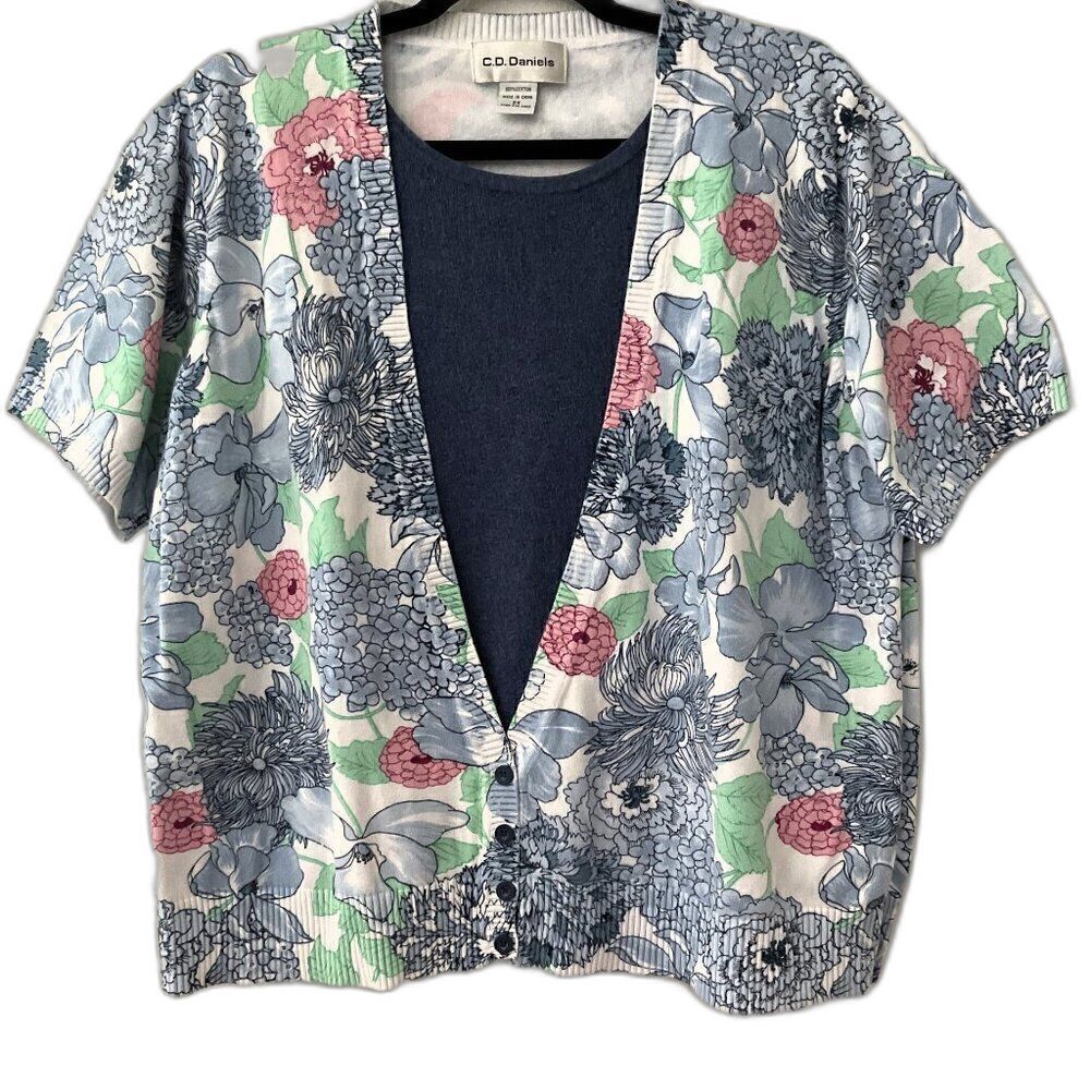 VTG 90s Y2K C.D. Daniels 2X Plunge Cardigan Sweater Floral Two-Fer Top Cotton